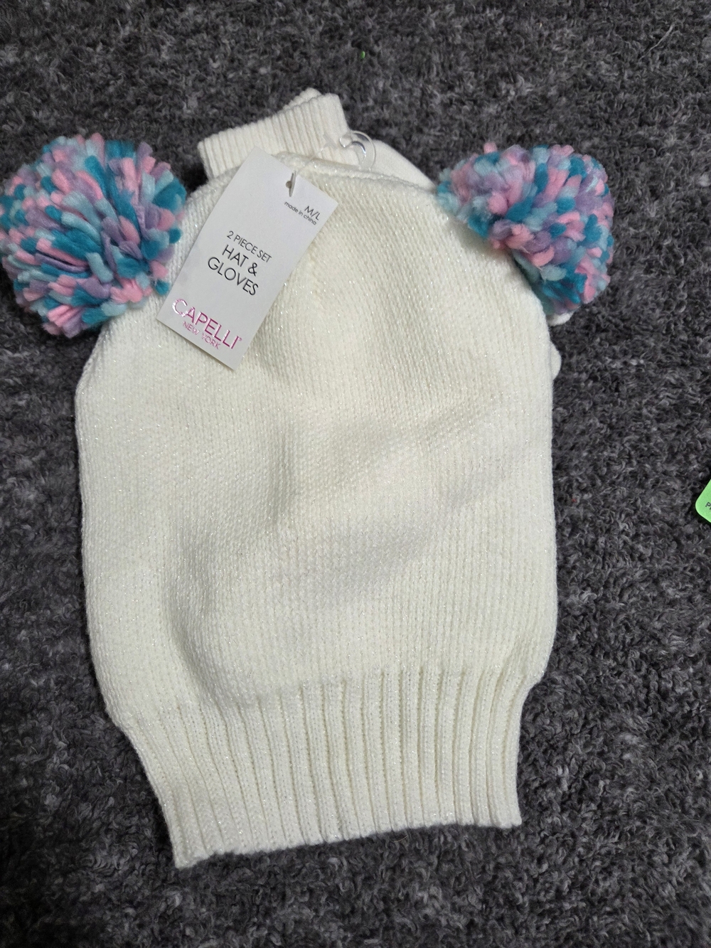 Capelli of New York Kids Cream Knit Beanie  Pink & Blue Pom Poms Matching Gloves